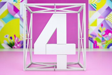A white number 4 is encased in a metal frame, set against a pink backdrop with colorful abstract art.
