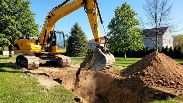 Powerful Excavator Digging a Deep Trench: Heavy Equipment in Action