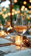 A close-up shot of a wine glass on a table, with a lit candle and bokeh lights in the background. The scene evokes a romantic and intimate atmosphere.