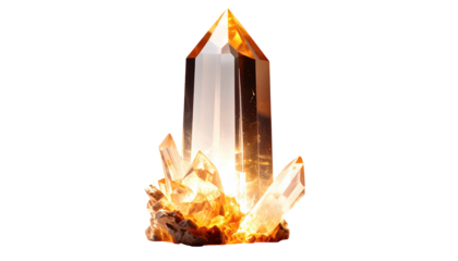 A gleaming, tall, orange-yellow crystal formation, with sharp edges, resting on a rough, textured base