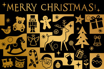 Christmas greetings, holiday themed patchwork collage with festive symbols and icons in black and gold
