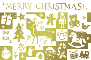 Christmas greetings, holiday themed patchwork collage with festive symbols and icons in white and gold
