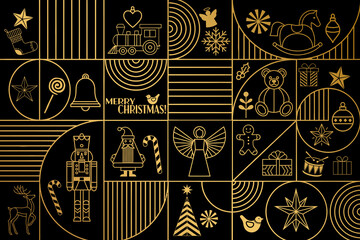 Christmas holiday themed patchwork collage with festive symbols and icons in Art Deco style, black and gold

