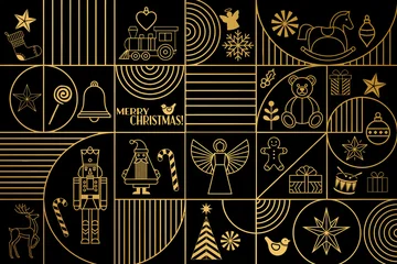 Christmas holiday themed patchwork collage with festive symbols and icons in Art Deco style, black and gold  © IndianSummer