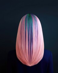 A woman is seen from the back, with long hair dyed in shades of pink, green, and purple. The background is a dark blue color.
