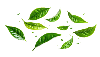 Vibrant green leaves of varying sizes are scattered on a stark black background, seemingly floating in space