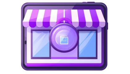 Stylized purple tablet displays a storefront with an awning locked by a combination lock for online security