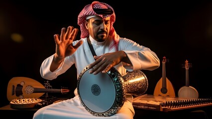 Middle Eastern Musician Playing Traditional Drum and String Instruments Indoors Cultural Performance Close-Up View