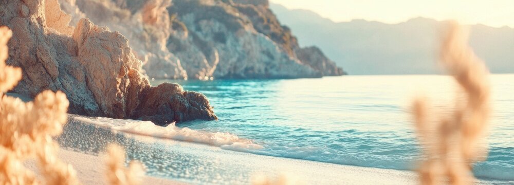 Morning mist envelops serene ocean waves rolling gently onto the shore at a tranquil coastal location