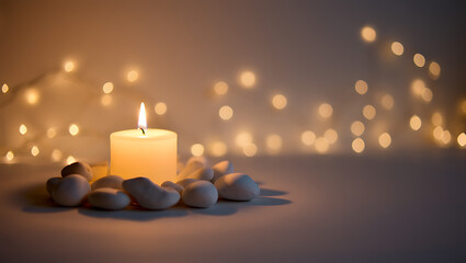 A single lit candle surrounded by smooth stones with a bokeh background of warm glowing fairy lights creating a serene and peaceful atmosphere for meditation and relaxation