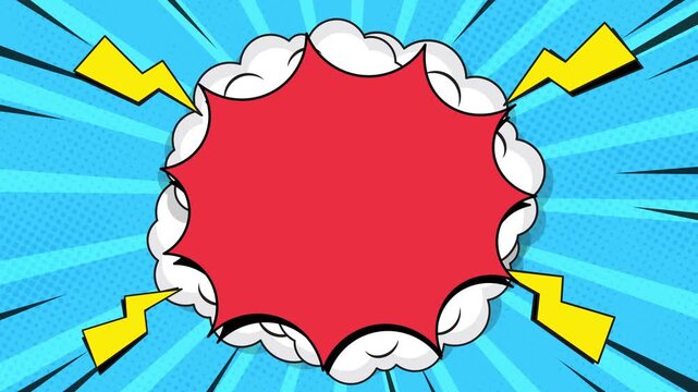 Retro pop comic animation background with explosion frame, bold lightning shapes, and playful cartoon cloud. Ideal for fun intros, kids content, and nostalgic comic style projects