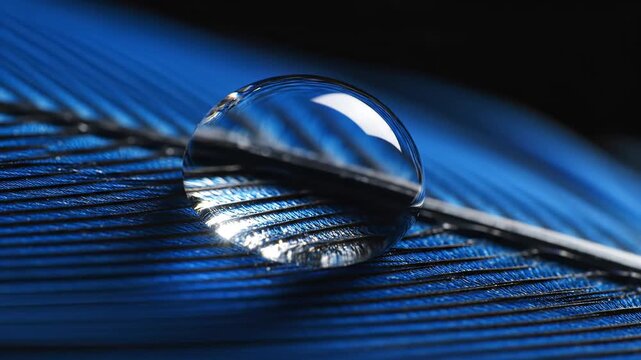 Macro close-up of a clear water droplet delicately resting on a vibrant blue feather for purity and natural elegance concept