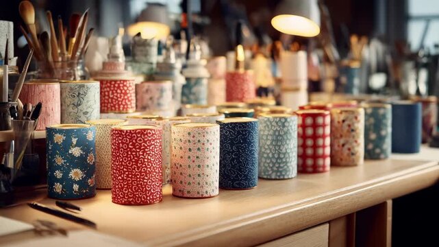 Medium shot of a creative workspace with various designer pager covers displaying diverse patterns and artistic flair