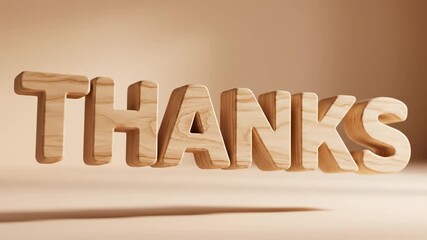 Wooden "Thanks" text floating with shadows on a warm minimalist background for gratitude concept and sincere appreciation message