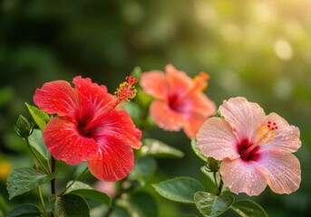 Obraz premium Vibrant hibiscus flowers blooming in soft sunlight