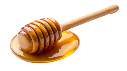Golden honey dripping from wooden dipper, a sweet and natural treat perfect for breakfast, baking, or adding a touch of sweetness to your favorite recipes