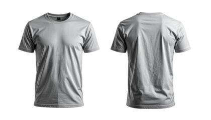 Two plain gray t-shirts, front and back views, isolated on black, fabric folds visible