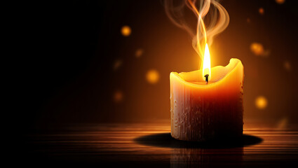 A single flickering candle burns brightly in the darkness its warm glow illuminating the smoke rising from the wick and creating a magical serene atmosphere with bokeh lights in the background