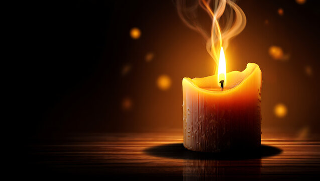 A single flickering candle burns brightly in the darkness its warm glow illuminating the smoke rising from the wick and creating a magical serene atmosphere with bokeh lights in the background