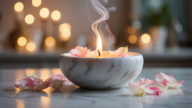 A beautifully lit scented candle with delicate pink rose petals and wisps of smoke rising creating a serene and romantic atmosphere with soft bokeh lights in the background