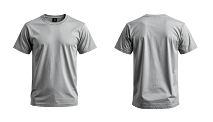 Gray t-shirt, front and back views, on black. Plain, casual clothing item, simple design, short sleeves