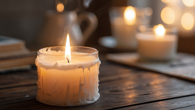 Warm and cozy ambiance with a lit candle in a glass jar dripping wax on a rustic wooden table with soft bokeh lights in the background creating a serene atmosphere