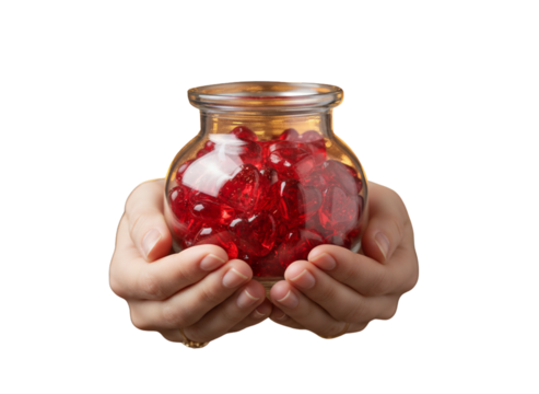 Female Hands Holding Glass Jar Filled with Red Hearts Warm Golden Bokeh Glow Front