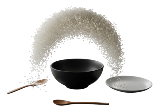 Futuristic Falling Rice in Minimal Cooking Scene