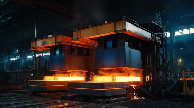 Medium shot of machines refabricating recycled nonferrous metal into new sheets and rods showing automated presses shaping clean molten material into usable forms.
