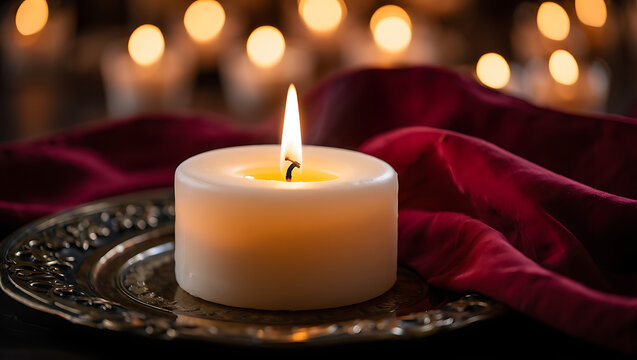 A single lit white candle in a decorative silver holder surrounded by rich red velvet fabric and soft glowing bokeh lights in the background creating a warm and inviting atmosphere