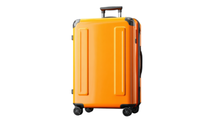 Orange hardshell rolling suitcase for travel, vacation, and tourism, depicting journey, luggage, and packing concept