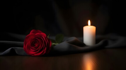 Romantic red rose with glowing candle, evoking peace, remembrance, and love, perfect for sympathy cards, funeral programs, and heartfelt messages