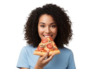Joyful Young Woman with Curly Hair Taking a Bite of Pizza Front Camera View Vibrant Food Photography