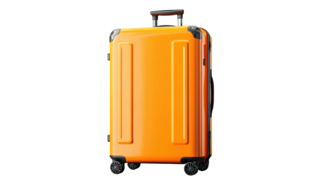 Orange hardshell rolling suitcase for travel, vacation, and tourism, depicting journey, luggage, and packing concept