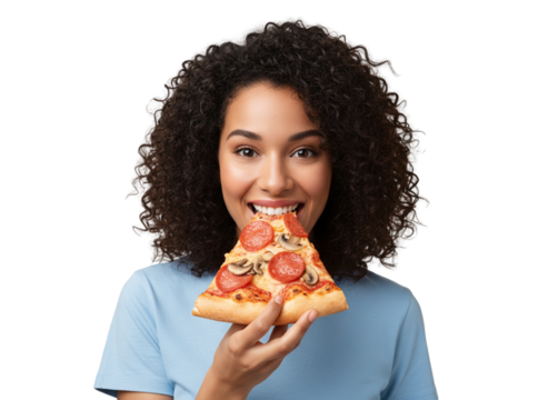 Joyful Young Woman with Curly Hair Taking a Bite of Pizza Front Camera View Vibrant Food Photography - Powered by Adobe