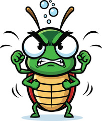 Furious green cartoon beetle flexing its arms and boiling with rage.