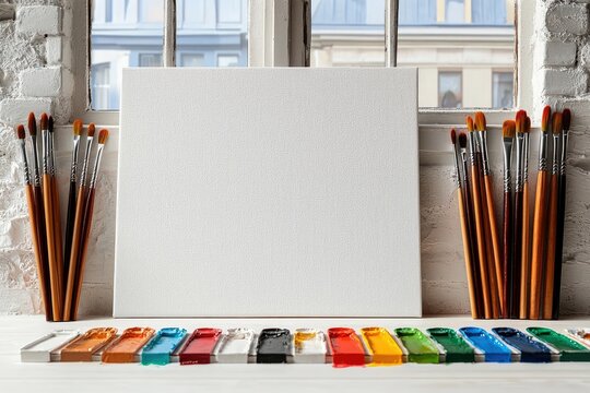 A blank canvas stands on a white surface, surrounded by paintbrushes and a colorful palette, suggesting artistic creation and inspiration.