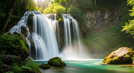 Naklejka premium Majestic cascading waterfall amidst a vibrant green forest, creating a serene, picturesque natural landscape with crystal-clear turquoise waters and lush foliage