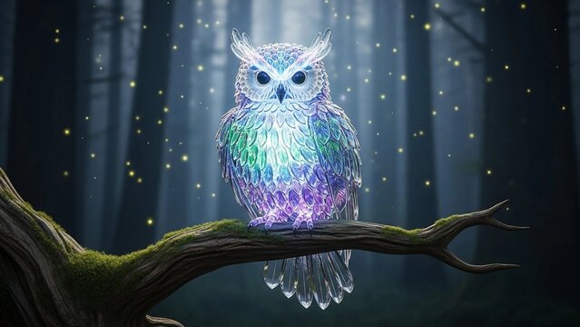 A luminous, iridescent owl with glowing feathers perches on a dark tree branch in a mystical, sparkling forest at night.