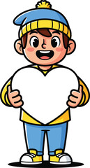 Smiling cartoon boy in a blue pompom beanie holding a large white heart.