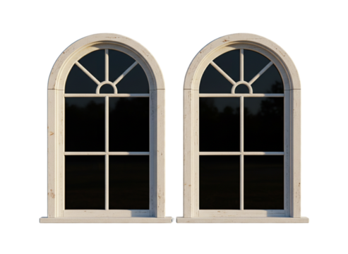 Vintage Dual Arched Windows with Black Glass and Textured Frame