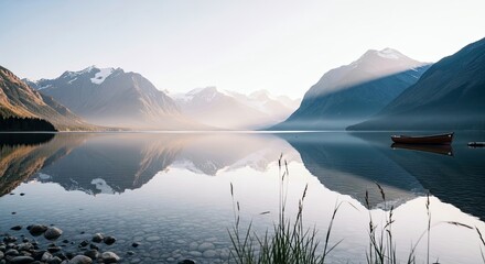 A tranquil scene of a wooden boat floating on a calm lake, reflecting the majestic mountains and the early morning light. The water is still, creating a perfect