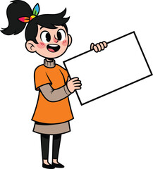 Smiling cartoon girl with a colorful ponytail holding a blank white sign for text.