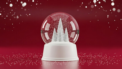 Discover the captivating holiday winter wonder within a classic snow globe, featuring miniature snow-covered trees and a vibrant red background, ideal for festive seasonal themes