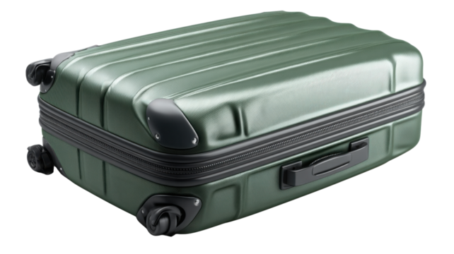 Green hard-shell luggage with wheels against a transparent background, packing for an international vacation or business trip - Powered by Adobe