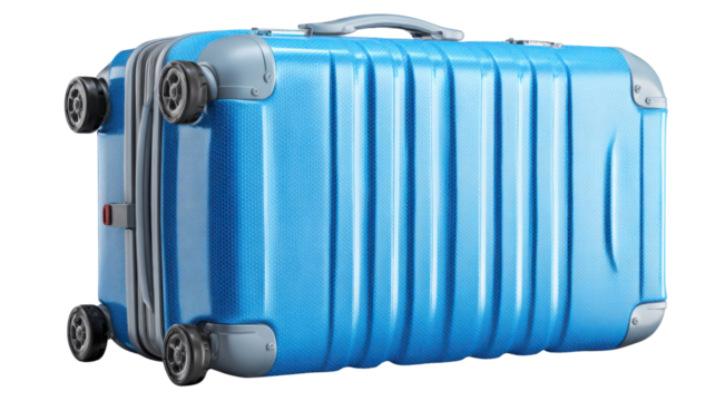 Blue hardshell suitcase, featuring a textured surface and spinner wheels, representing global travel and adventure