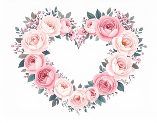 Romantic floral heart wreath sticker with roses, peonies, and small leaves, elegant and cute style