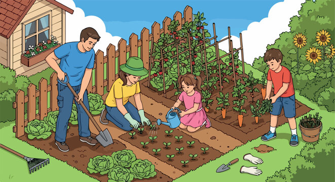 Family gardening together in a backyard vegetable plot