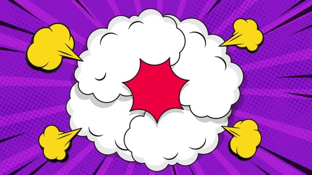 Retro pop comic animation background with explosion frame, bold lightning shapes, and playful cartoon cloud. Ideal for fun intros, kids content, and nostalgic comic style projects
