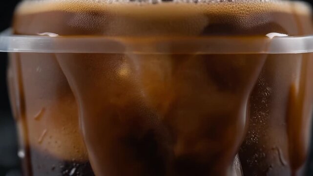 A close-up view of a refreshing dark carbonated beverage with ice cubes and foam in a clear plastic cup, highlighting its texture and coolness.